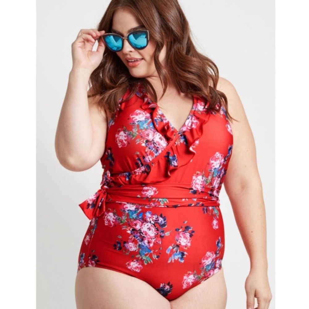 NWOT ModCloth red floral wrap one piece swim suit